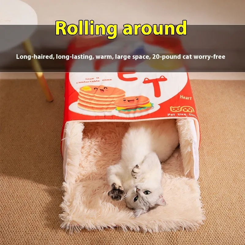 Rectangular fully enclosed cloth pet bed for cats, available in red and blue, sizes L and M