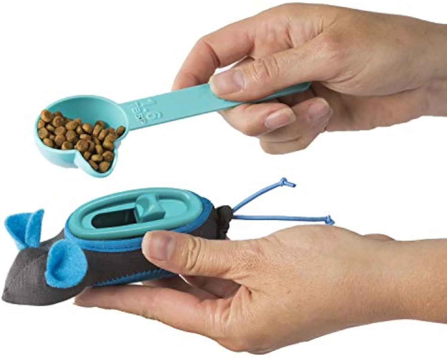 Blue interactive indoor treat dispenser mouse toy for cats with fabric skin and plastic feeder