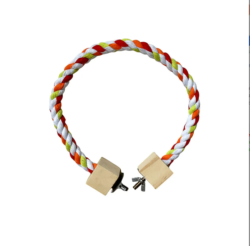 Parrot climbing rope toy with wooden rings in 30cm size, natural wood and rope construction, dark floral pattern