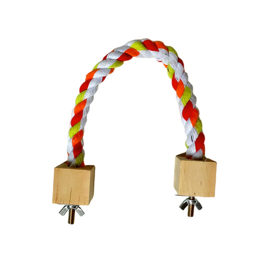 Parrot climbing rope toy with wooden rings in 30cm size, natural wood and rope construction, dark floral pattern