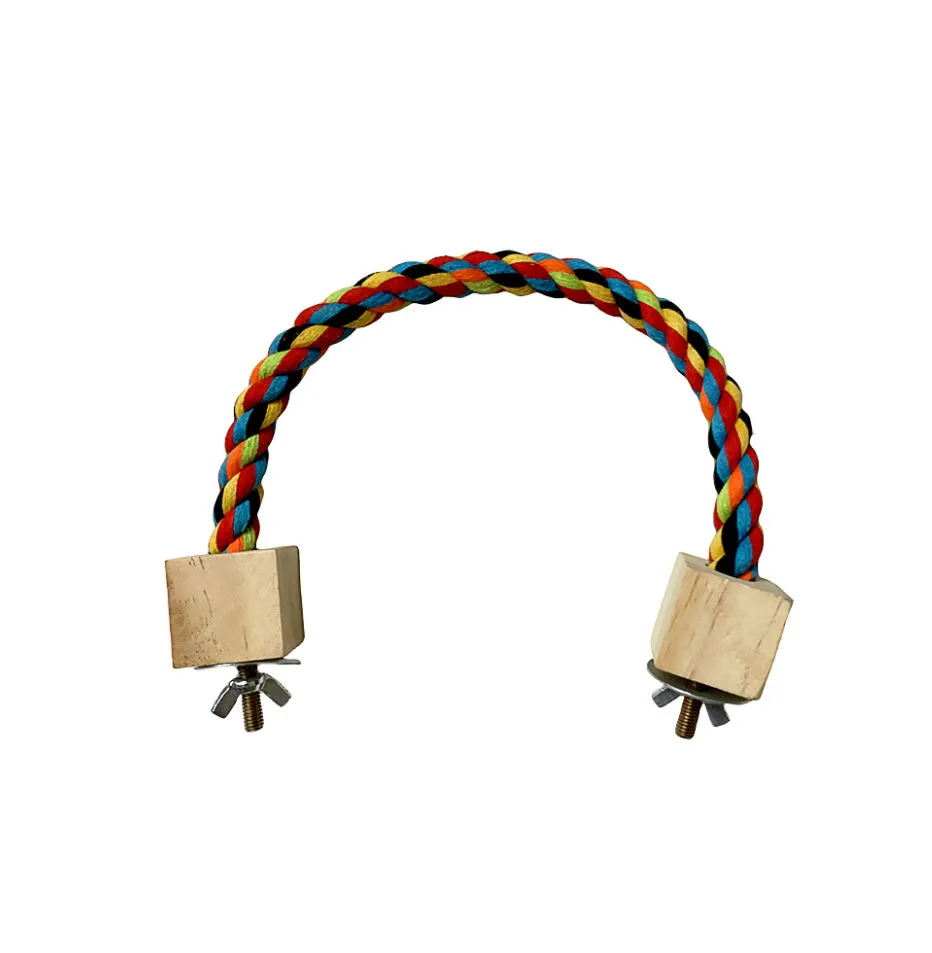 Parrot climbing rope toy with wooden rings in 30cm size, natural wood and rope construction, dark floral pattern