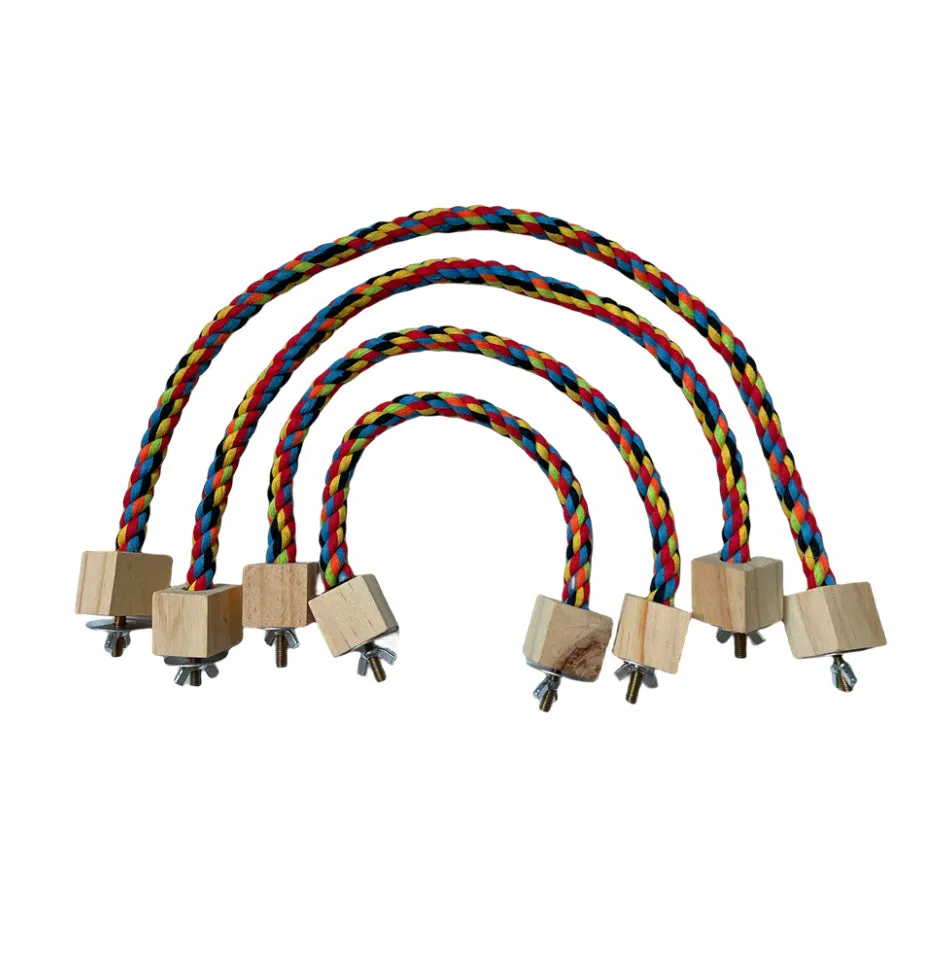 Parrot climbing rope toy with wooden rings in 30cm size, natural wood and rope construction, dark floral pattern
