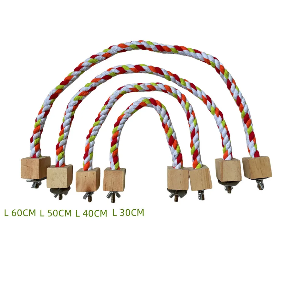 Parrot climbing rope toy with wooden rings in 30cm size, natural wood and rope construction, dark floral pattern