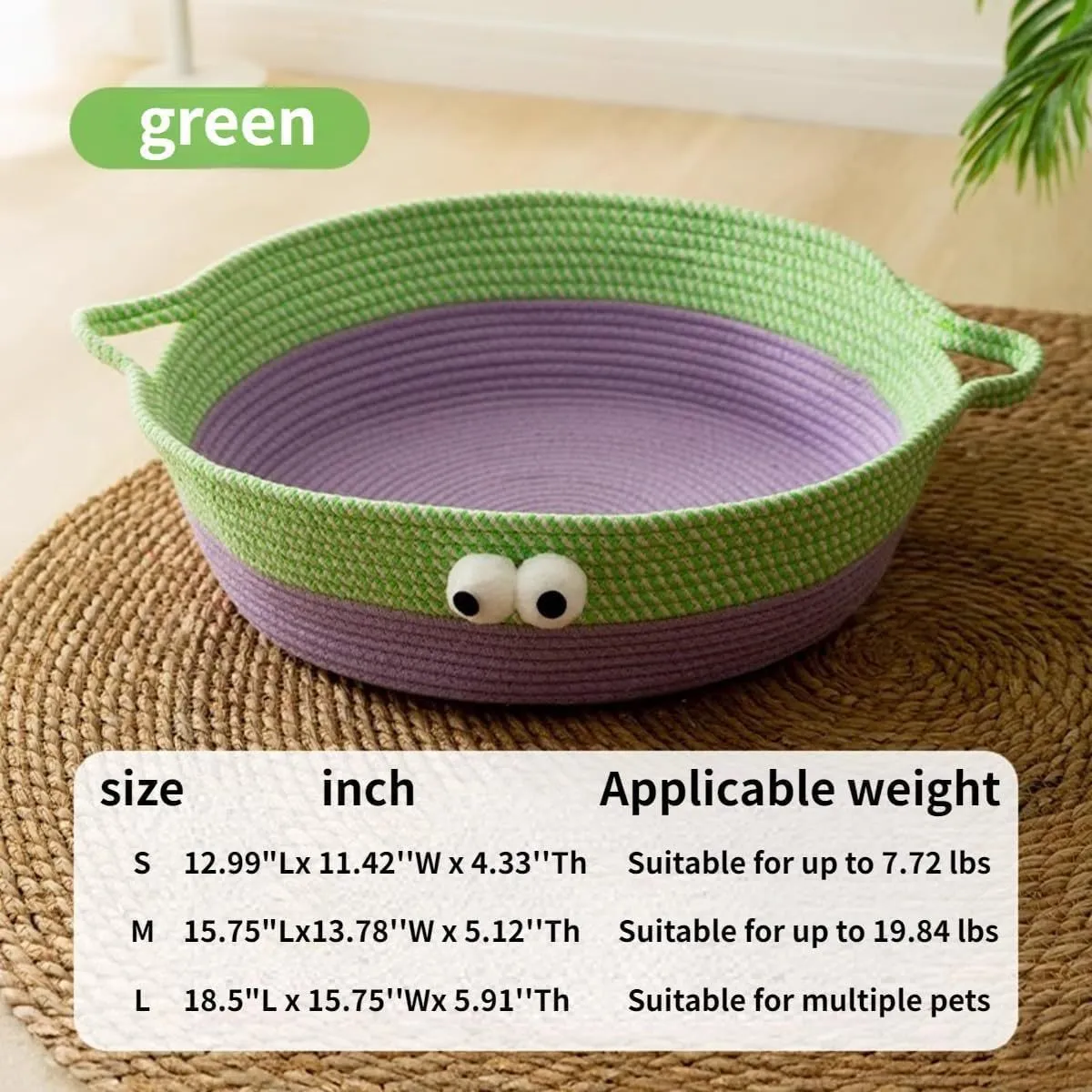 Round woven natural cotton rope cat bed in green with spiral edge, size M, on wooden floor