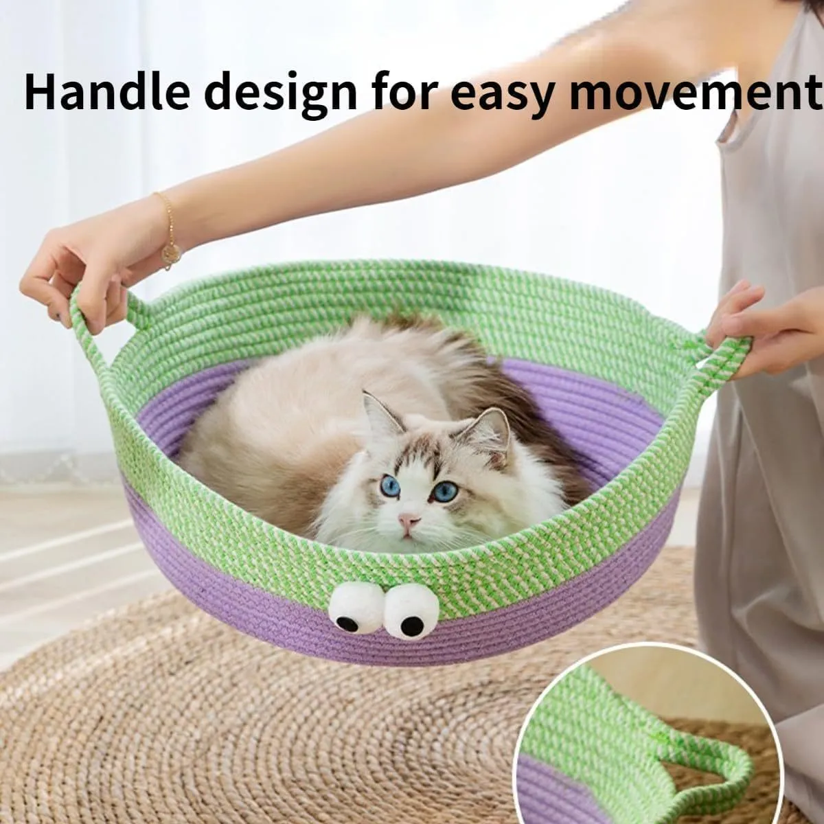 Round woven natural cotton rope cat bed in green with spiral edge, size M, on wooden floor