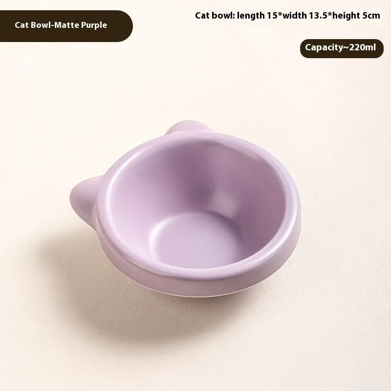 Porcelain cat bowl in matte purple single-grid design on a flat surface