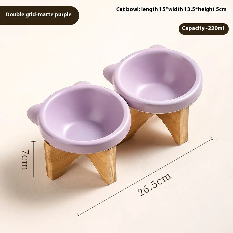 Porcelain cat bowl in matte purple single-grid design on a flat surface