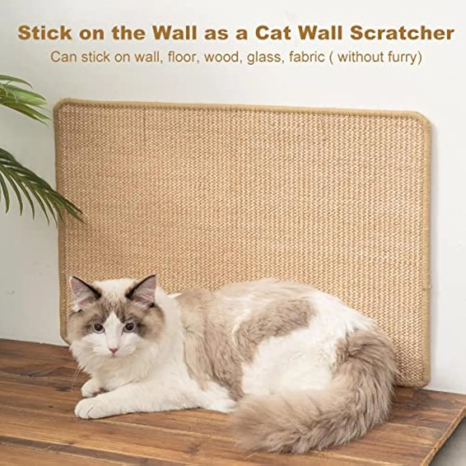 Natural sisal cat scratch pad with adhesive hook loop tape placed on floor, showing textured surface and tape backing
