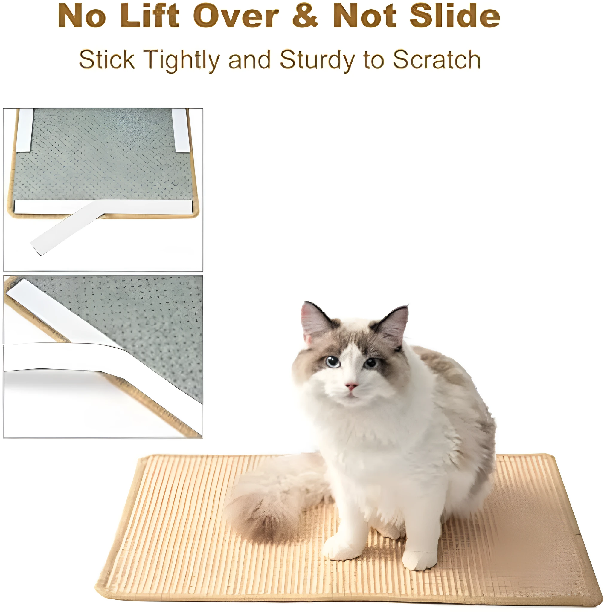 Natural sisal cat scratch pad with adhesive hook loop tape placed on floor, showing textured surface and tape backing
