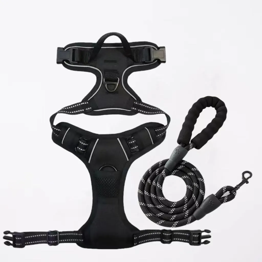 Nylon dog rope in black with chest and back design and 1.5 metre rope