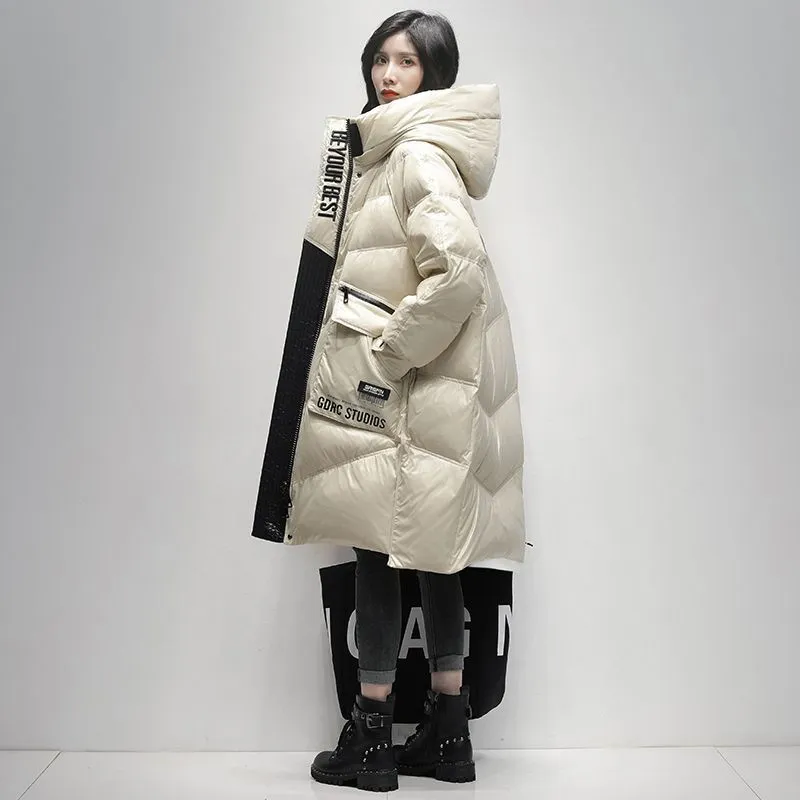 Women's ultra-thin mid-length down coat in black with long sleeves and loose fit, white duck down filling