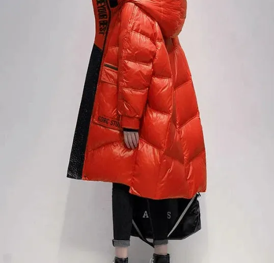 Women's ultra-thin mid-length down coat in black with long sleeves and loose fit, white duck down filling