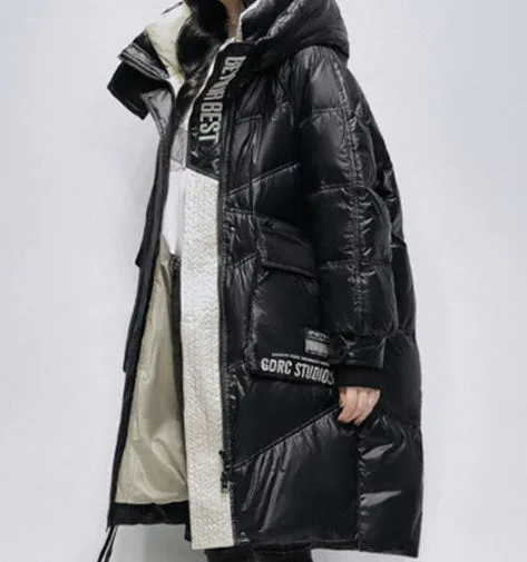 Women's ultra-thin mid-length down coat in black with long sleeves and loose fit, white duck down filling