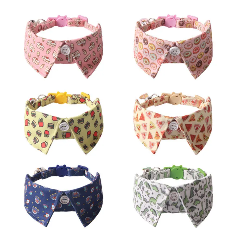 Peach skin fabric pet collar with metal accessories, 28cm long, in dinosaur or cake design
