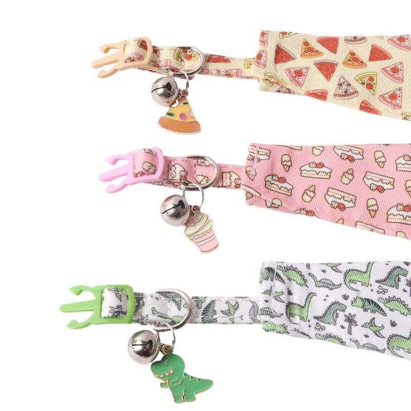 Peach skin fabric pet collar with metal accessories, 28cm long, in dinosaur or cake design