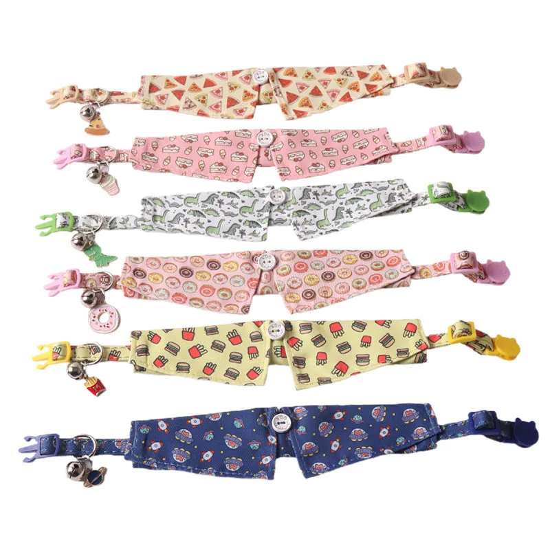 Peach skin fabric pet collar with metal accessories, 28cm long, in dinosaur or cake design