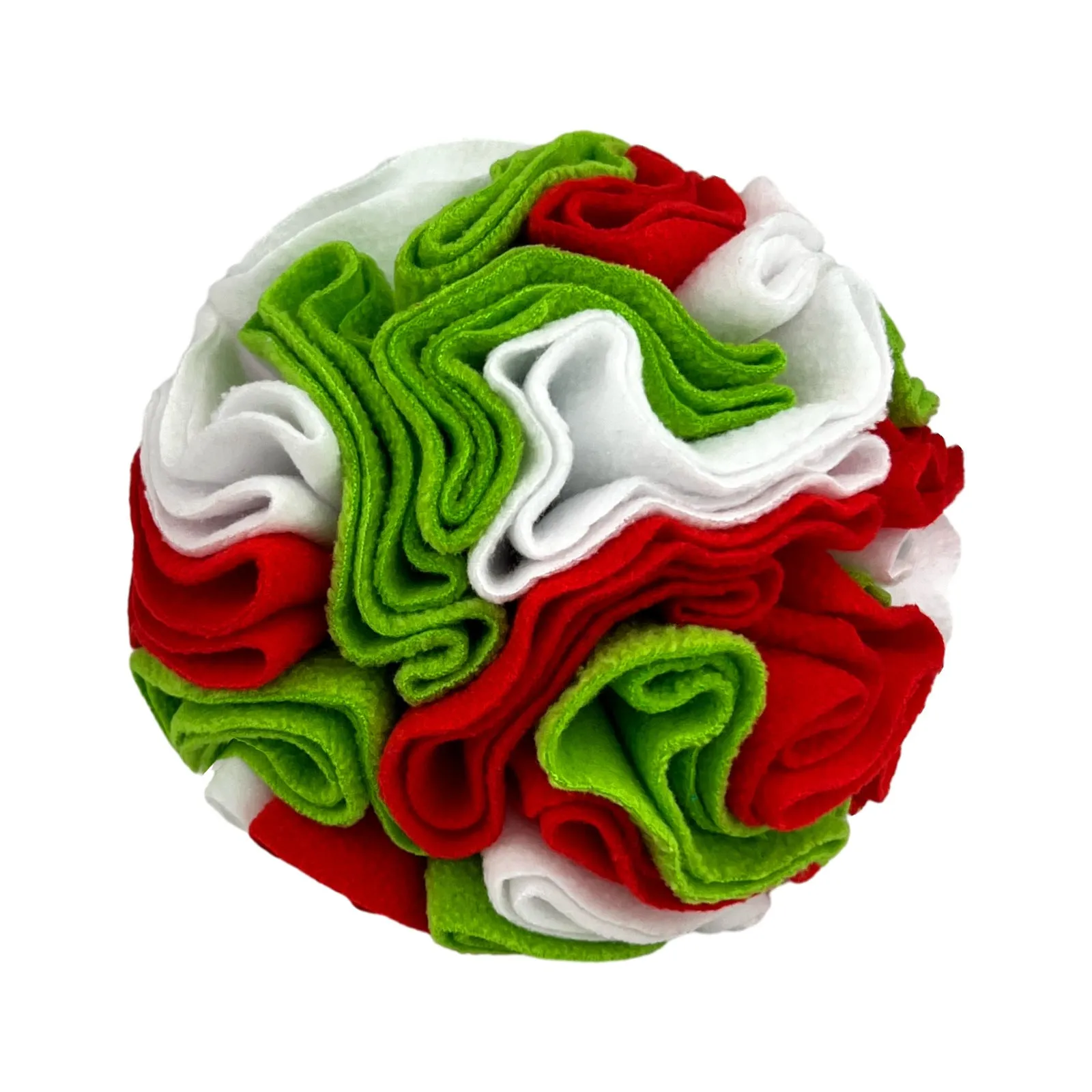 Polar fleece pet sniffing toy ball in rainbow colour for dogs, 10cm diameter, on white background