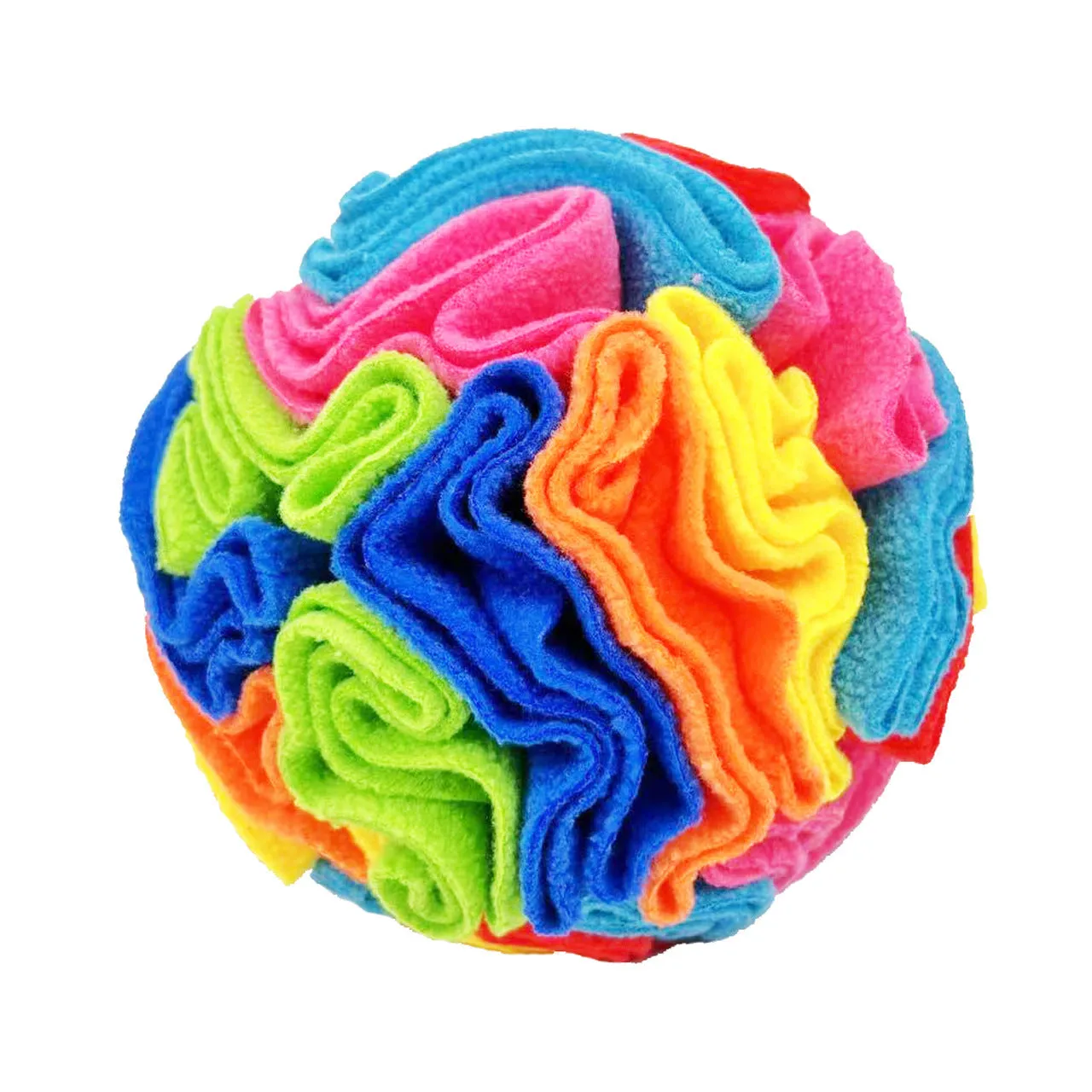 Polar fleece pet sniffing toy ball in rainbow colour for dogs, 10cm diameter, on white background