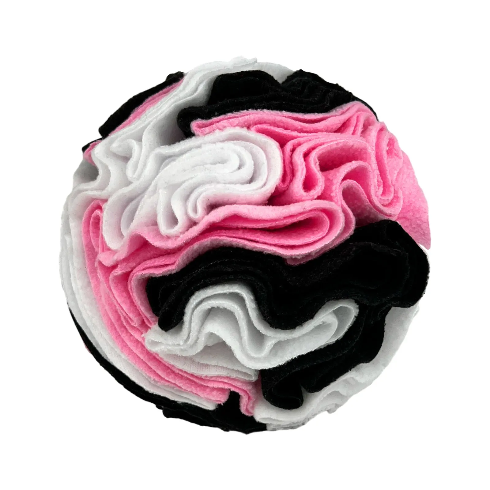 Polar fleece pet sniffing toy ball in rainbow colour for dogs, 10cm diameter, on white background