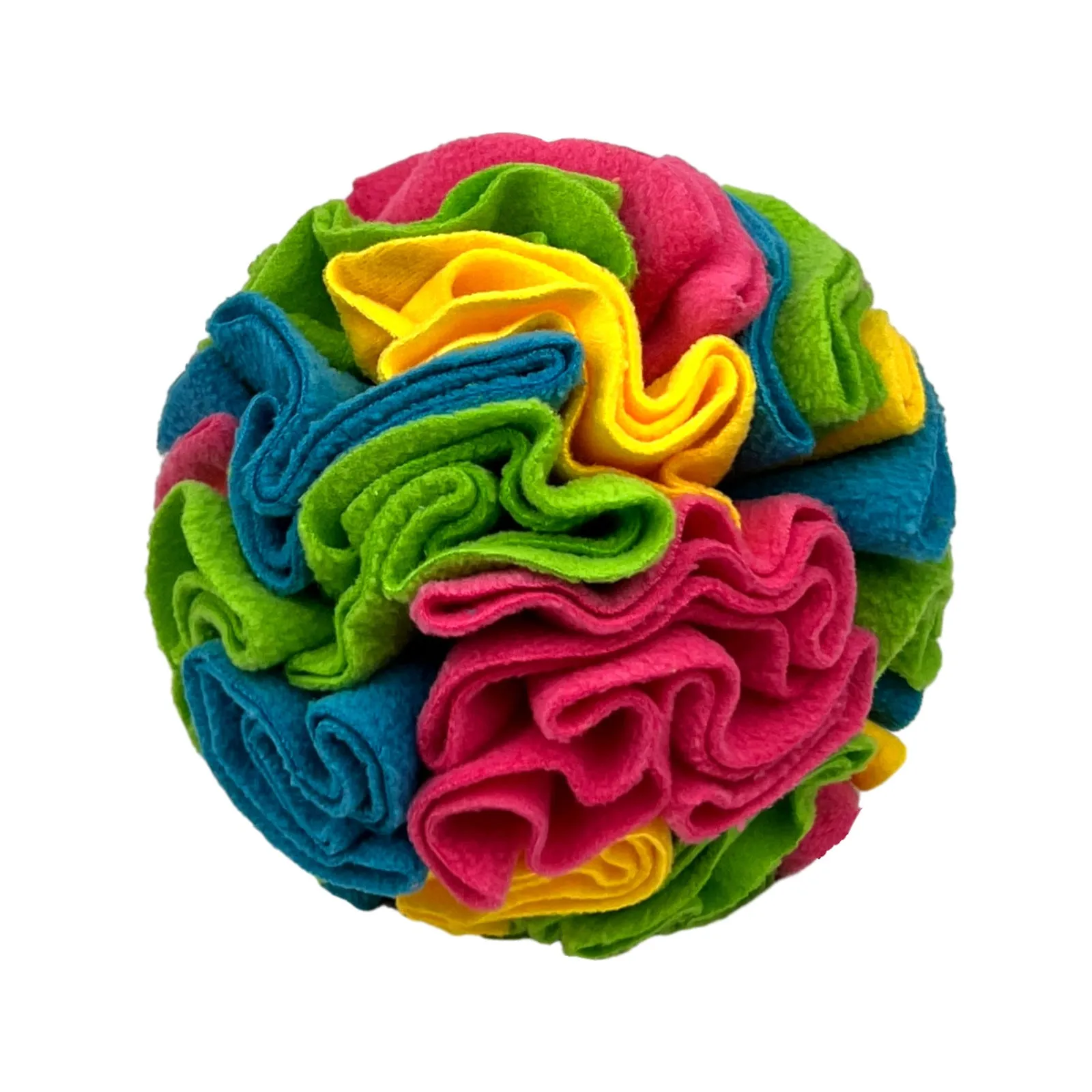 Polar fleece pet sniffing toy ball in rainbow colour for dogs, 10cm diameter, on white background