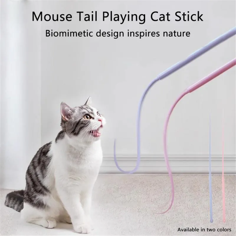 Simulated mouse tail cat toy with blue silicone tail and cat head handle