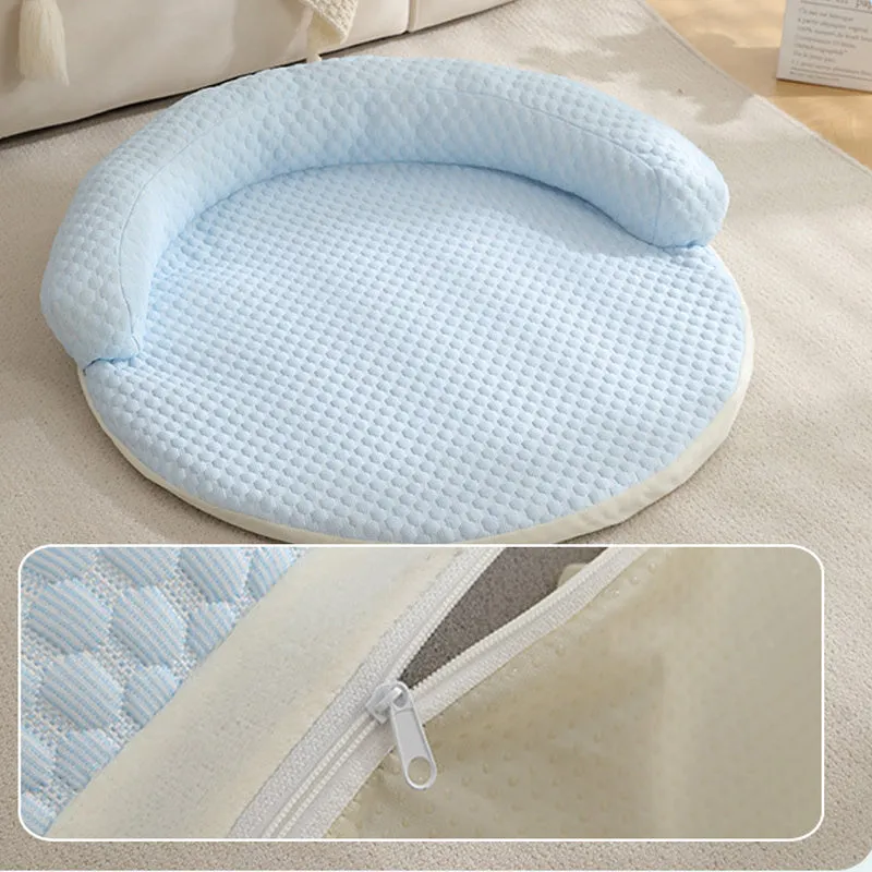 Cotton cooling dog bed mat in blue, available in sizes 50cm to 110cm
