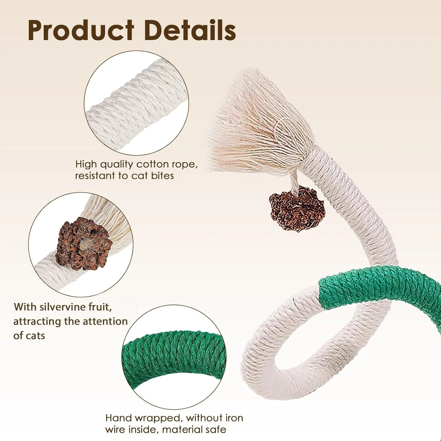 27.6-inch cotton rope cat toy with silvervine fruit in green colour on white background