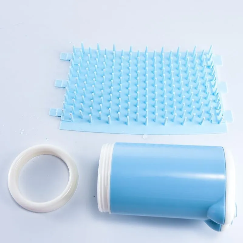 Pet paw washer cup in pink and blue silicone with PP plastic body, 11cm diameter by 17cm tall