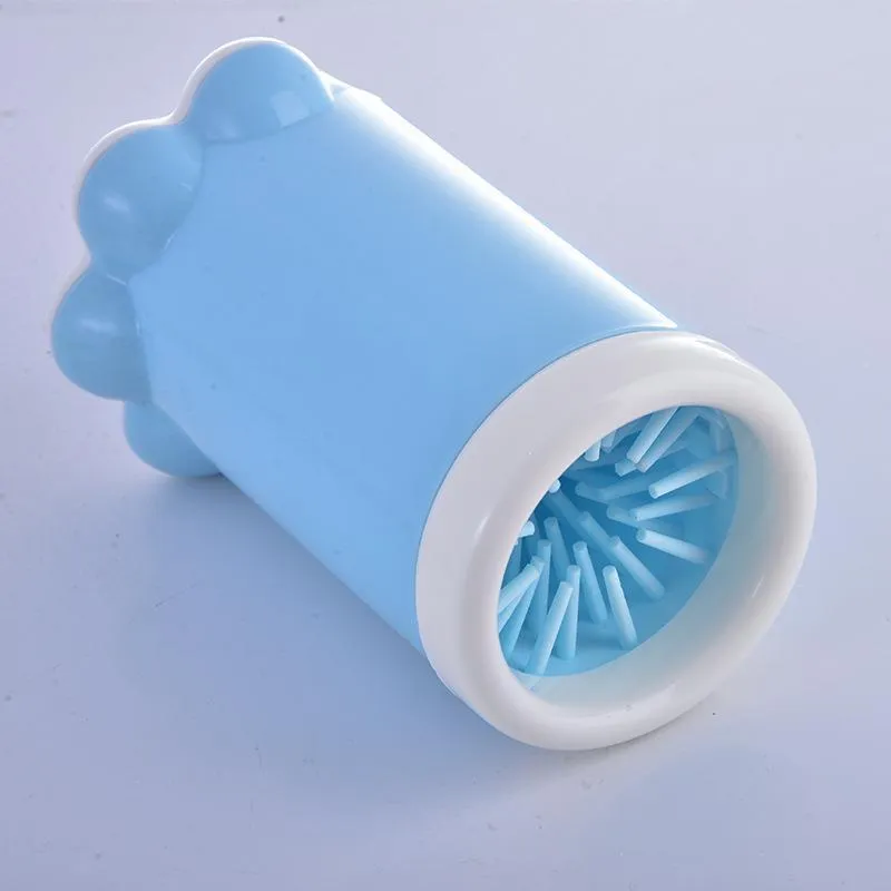 Pet paw washer cup in pink and blue silicone with PP plastic body, 11cm diameter by 17cm tall