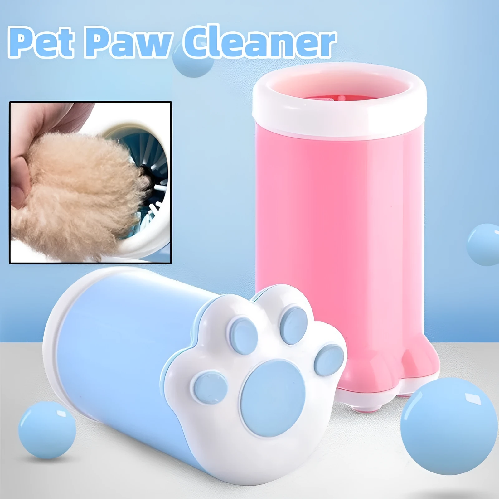 Pet paw washer cup in pink and blue silicone with PP plastic body, 11cm diameter by 17cm tall