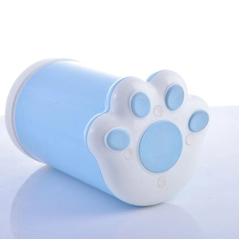Pet paw washer cup in pink and blue silicone with PP plastic body, 11cm diameter by 17cm tall