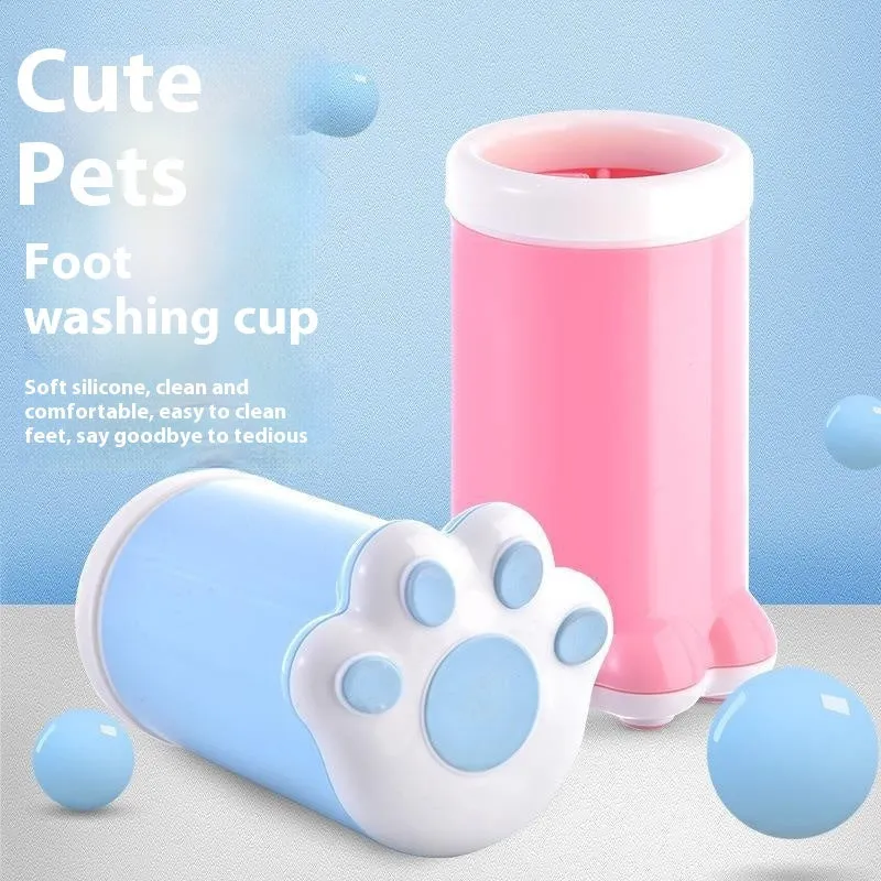 Pet paw washer cup in pink and blue silicone with PP plastic body, 11cm diameter by 17cm tall