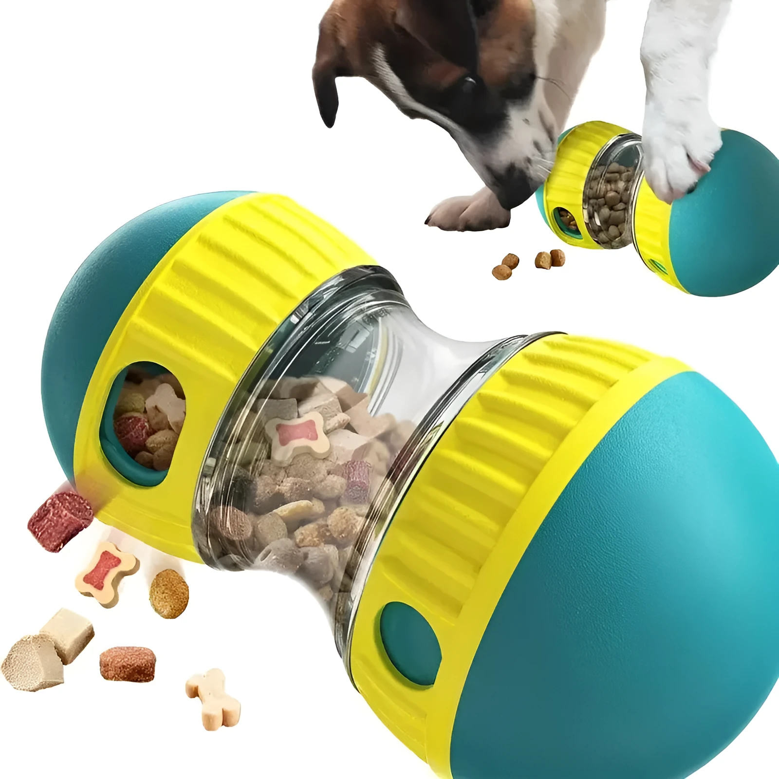 Blue adjustable treat dispenser toy for dogs with dual spheres and food dispensing holes