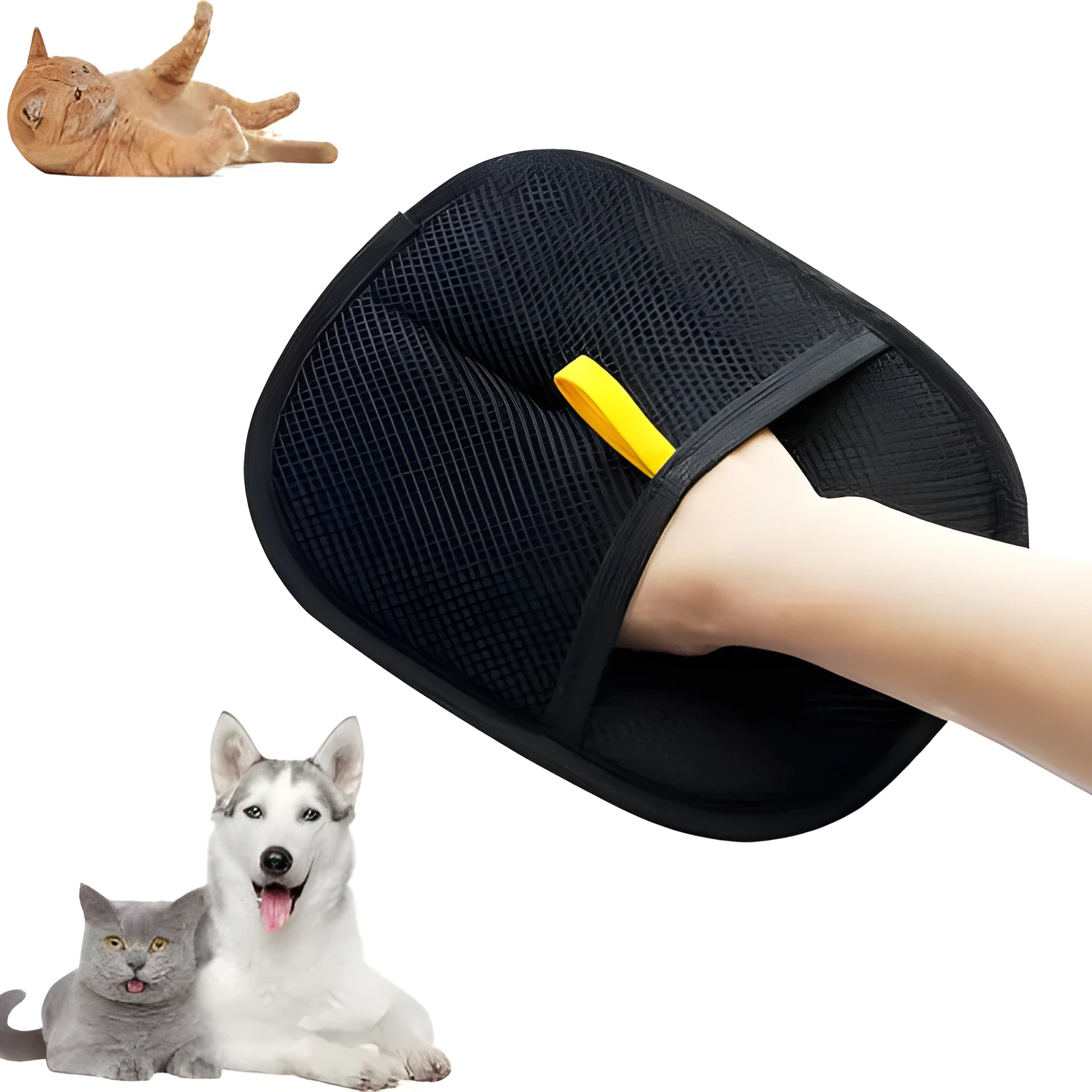 Pet electrostatic hair removal gloves with two-way bristles on a light background