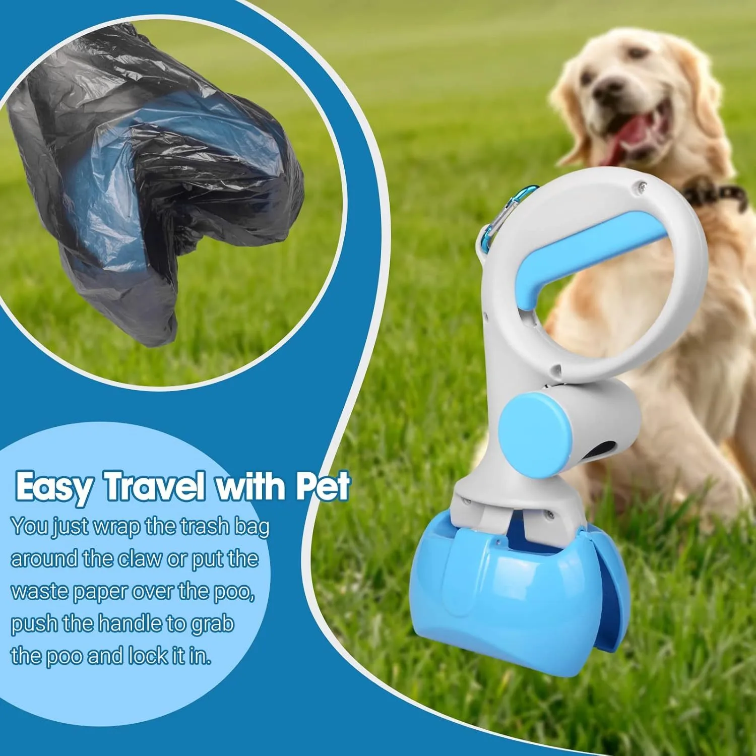 Black pet pooper scooper with built-in trash bag holder made of ABS plastic on a grass lawn.