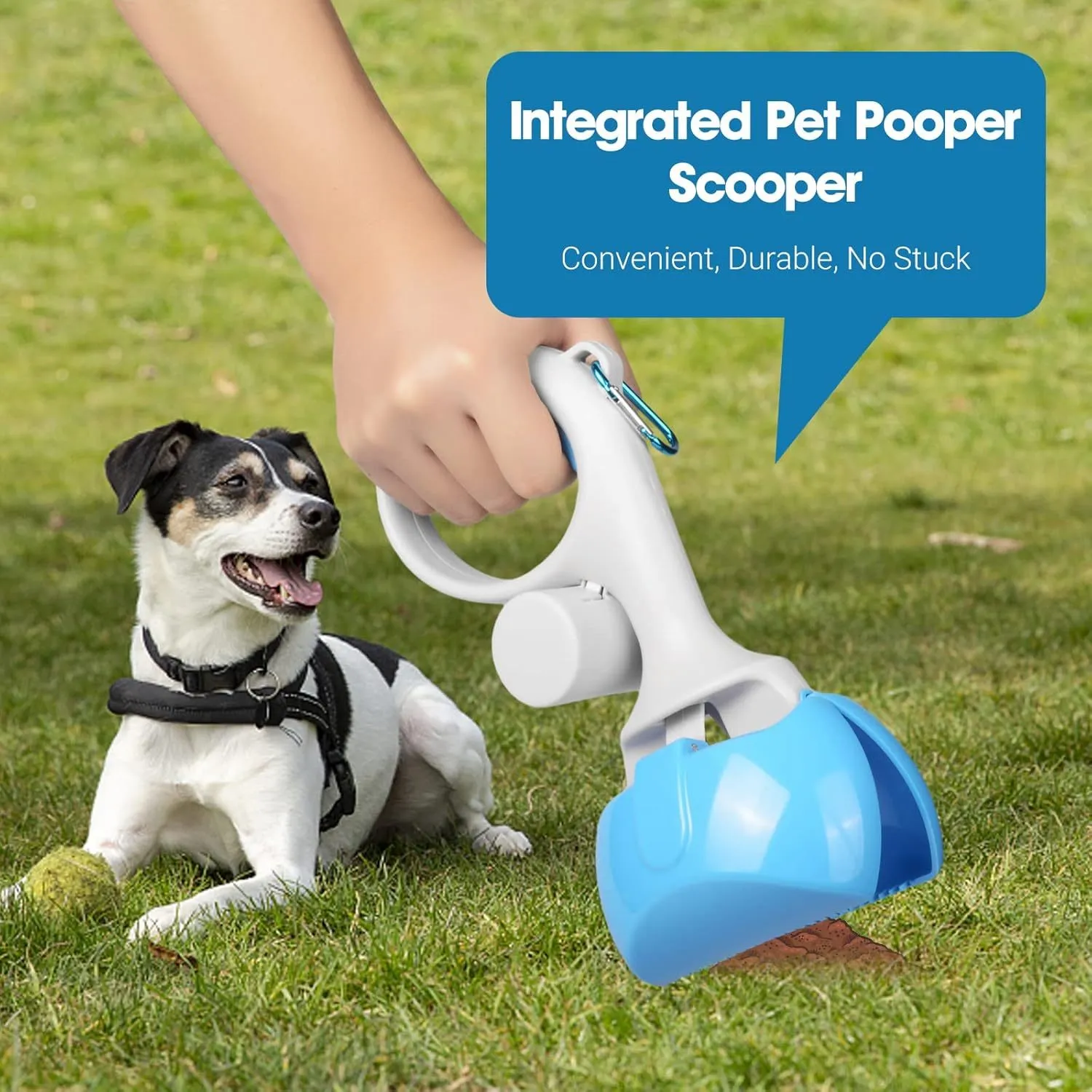 Black pet pooper scooper with built-in trash bag holder made of ABS plastic on a grass lawn.