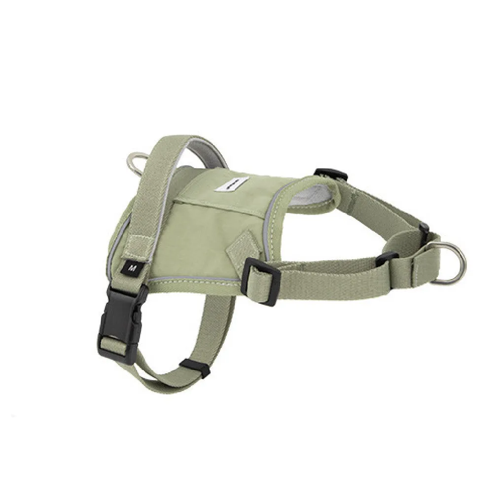 Dog chest back vest leash in buckwheat grey made from eco-friendly RPET and nylon with adjustable straps