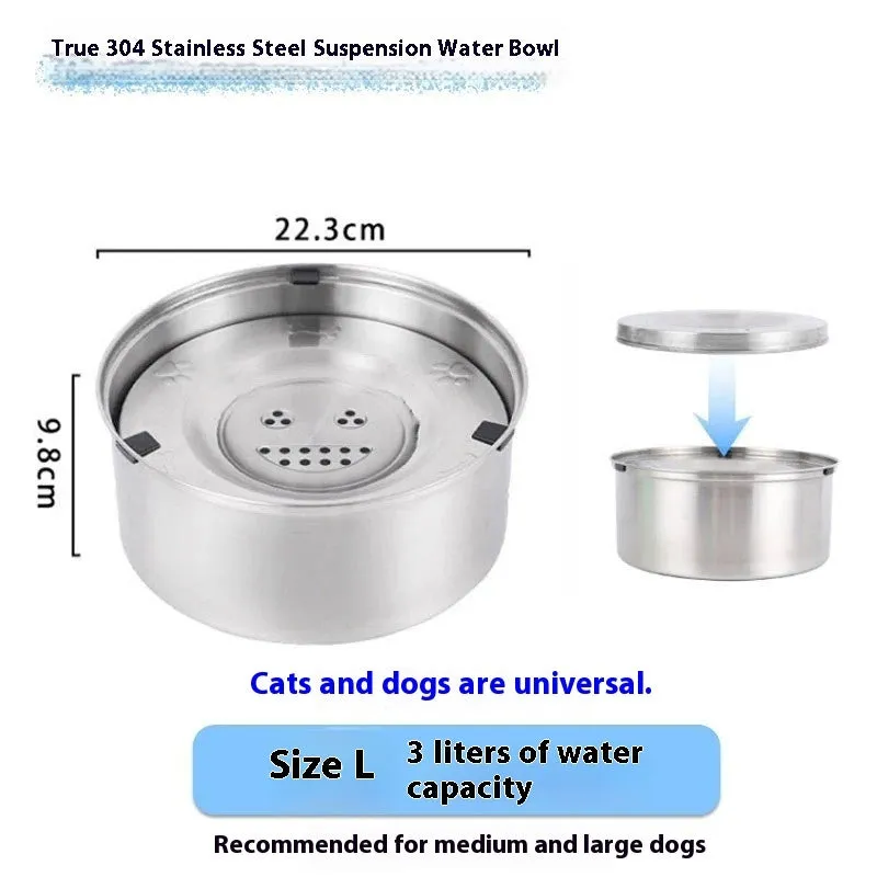 Silver stainless steel large capacity pet drinking water bowl for dogs and cats, 1L size shown
