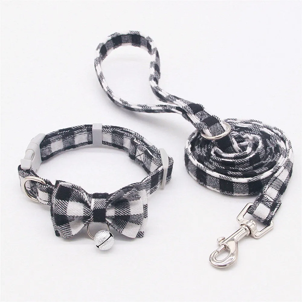Plaid cotton cat bell collar with butterfly bow tie and hand-holding rope in blue and green colours
