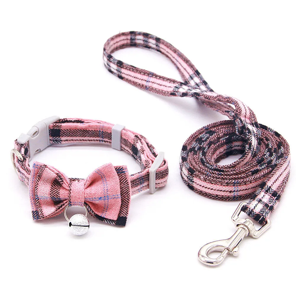 Plaid cotton cat bell collar with butterfly bow tie and hand-holding rope in blue and green colours
