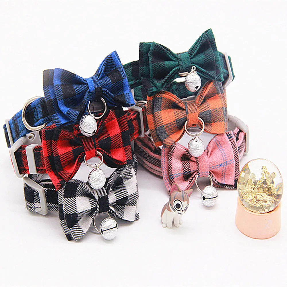 Plaid cotton cat bell collar with butterfly bow tie and hand-holding rope in blue and green colours