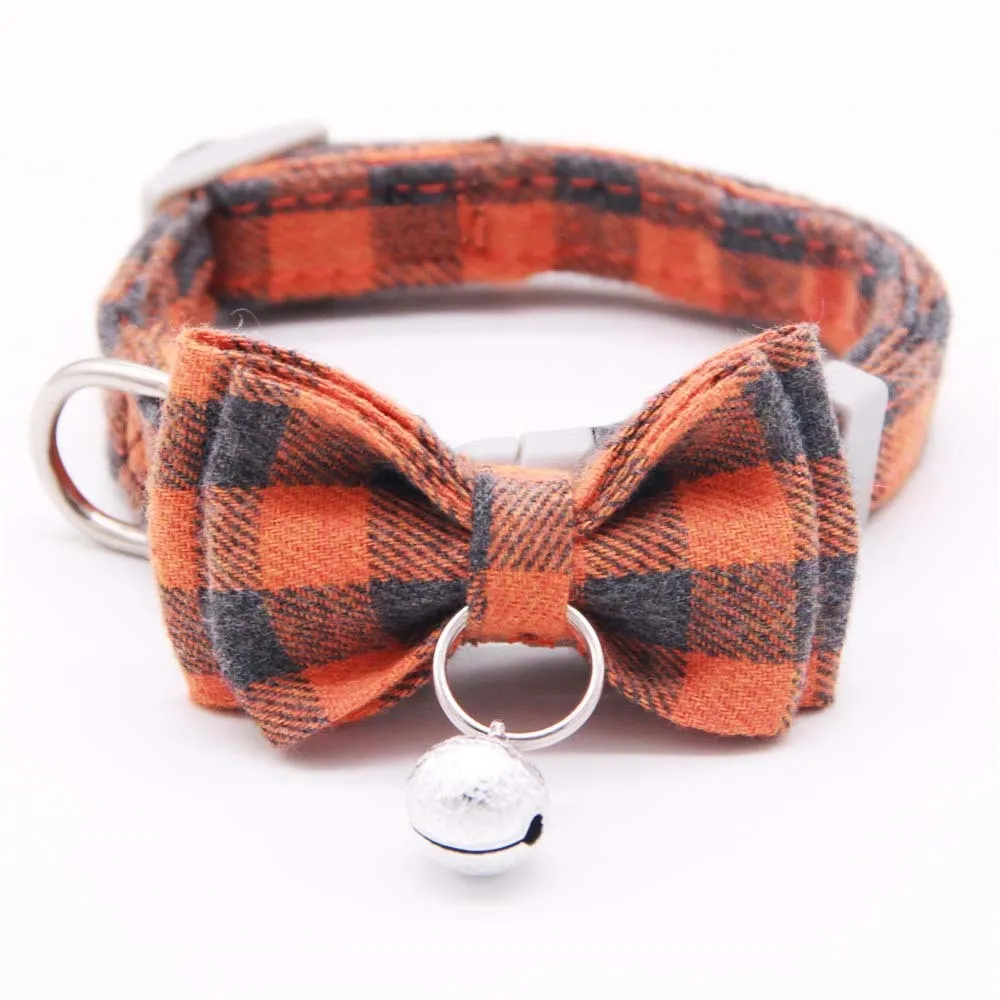 Plaid cotton cat bell collar with butterfly bow tie and hand-holding rope in blue and green colours