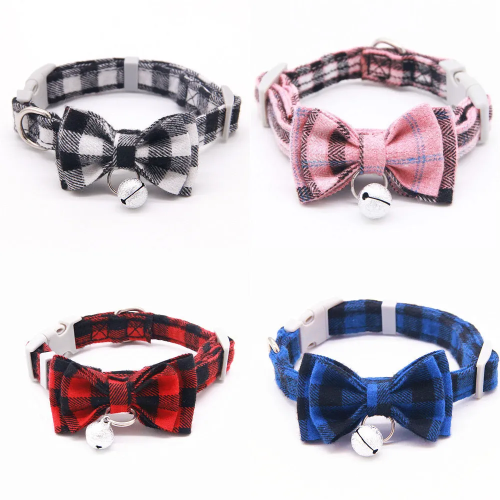 Plaid cotton cat bell collar with butterfly bow tie and hand-holding rope in blue and green colours