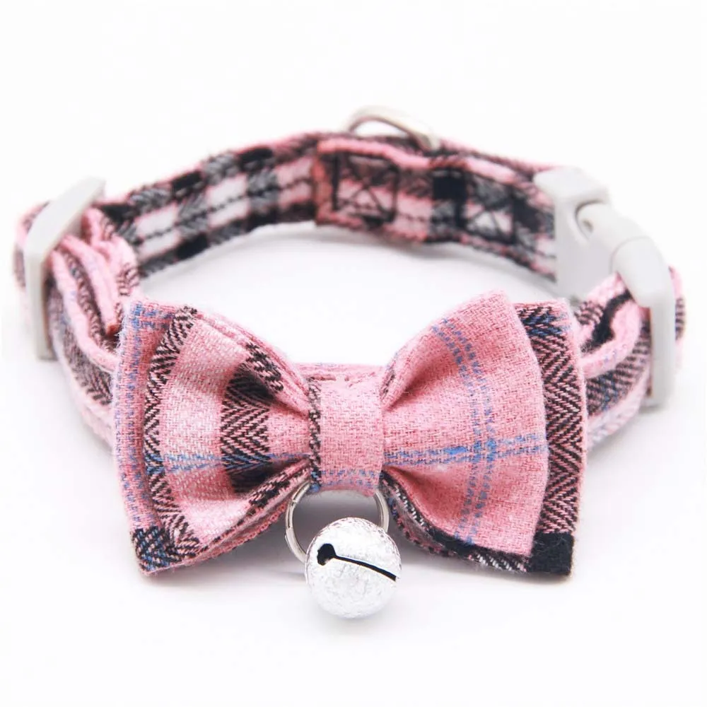 Plaid cotton cat bell collar with butterfly bow tie and hand-holding rope in blue and green colours