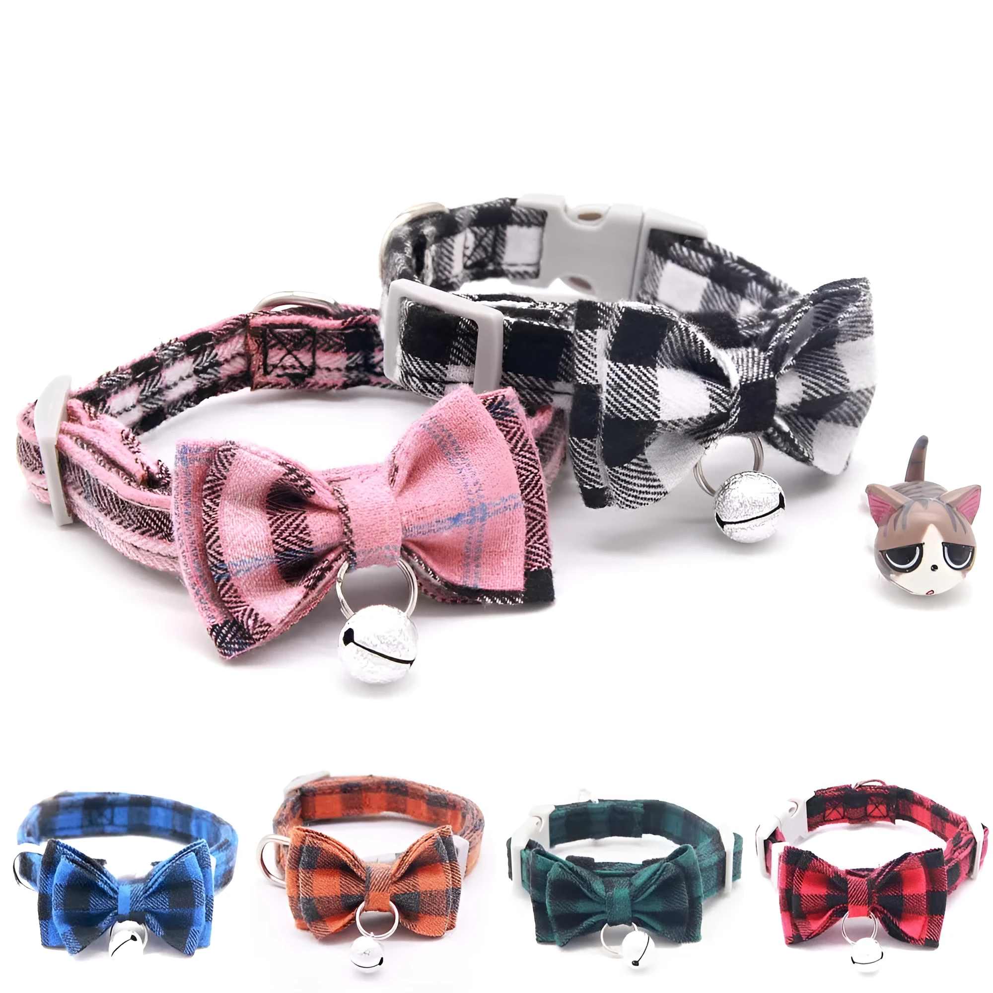 Plaid cotton cat bell collar with butterfly bow tie and hand-holding rope in blue and green colours