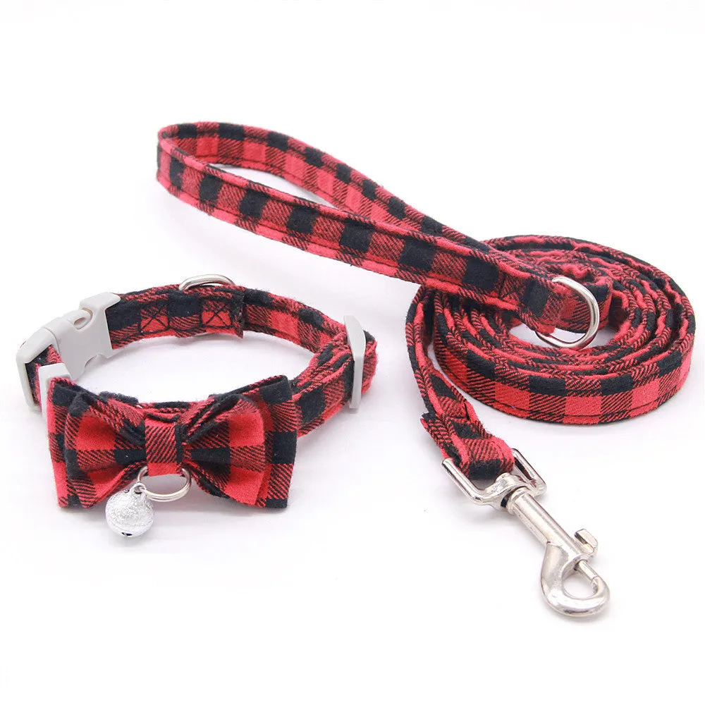 Plaid cotton cat bell collar with butterfly bow tie and hand-holding rope in blue and green colours