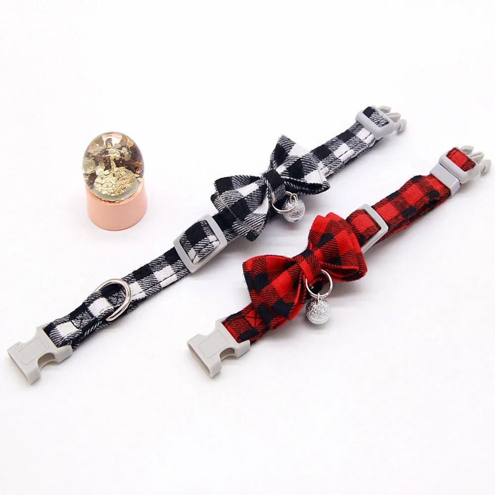 Plaid cotton cat bell collar with butterfly bow tie and hand-holding rope in blue and green colours