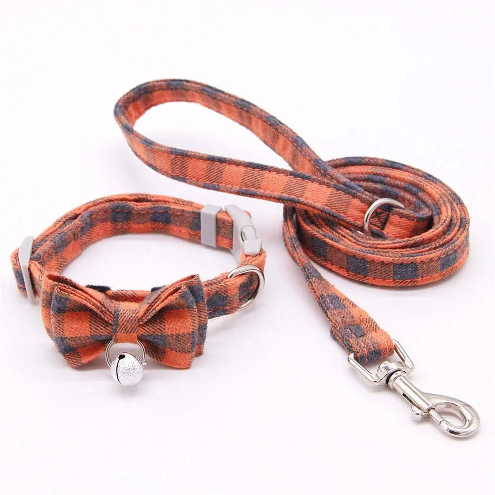 Plaid cotton cat bell collar with butterfly bow tie and hand-holding rope in blue and green colours