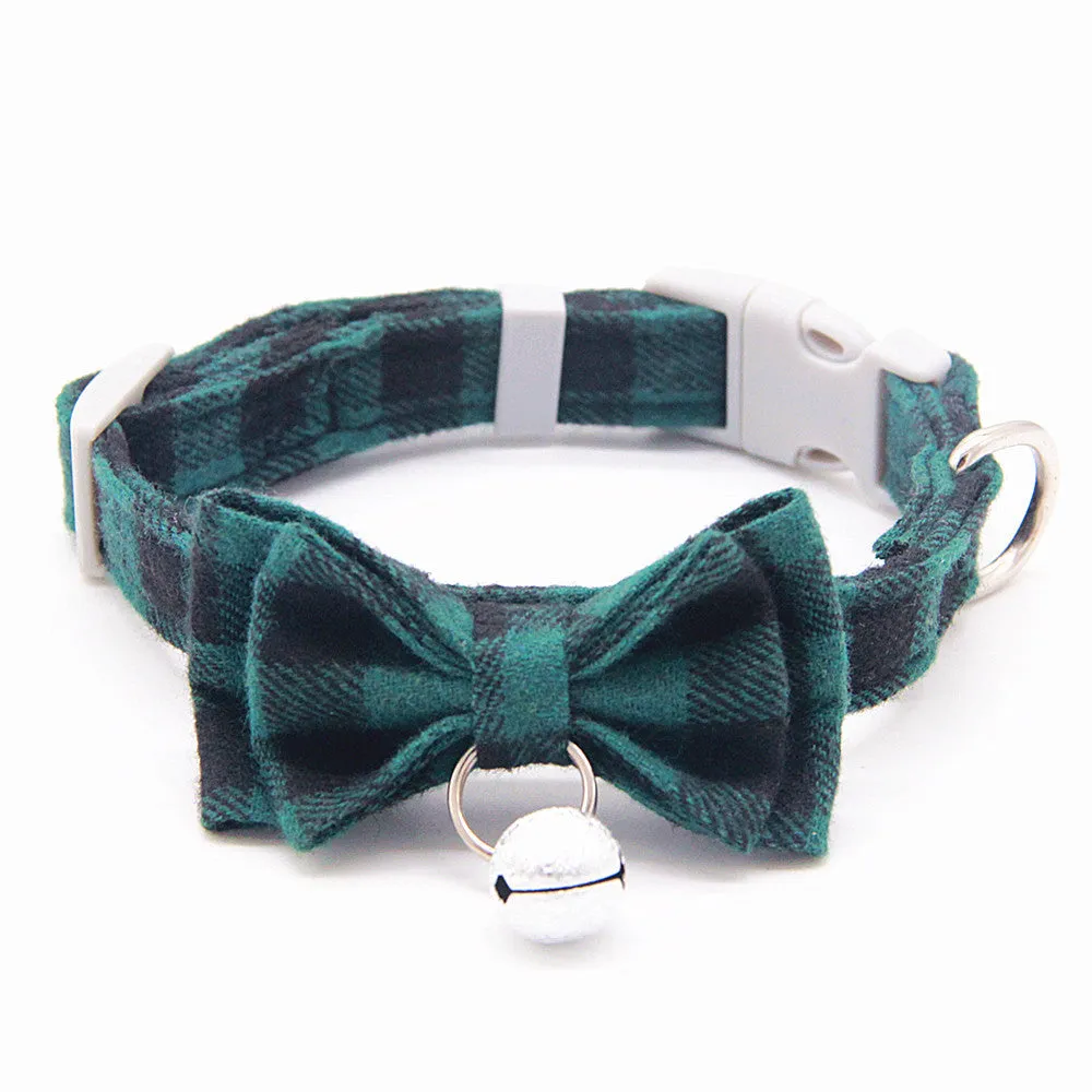 Plaid cotton cat bell collar with butterfly bow tie and hand-holding rope in blue and green colours