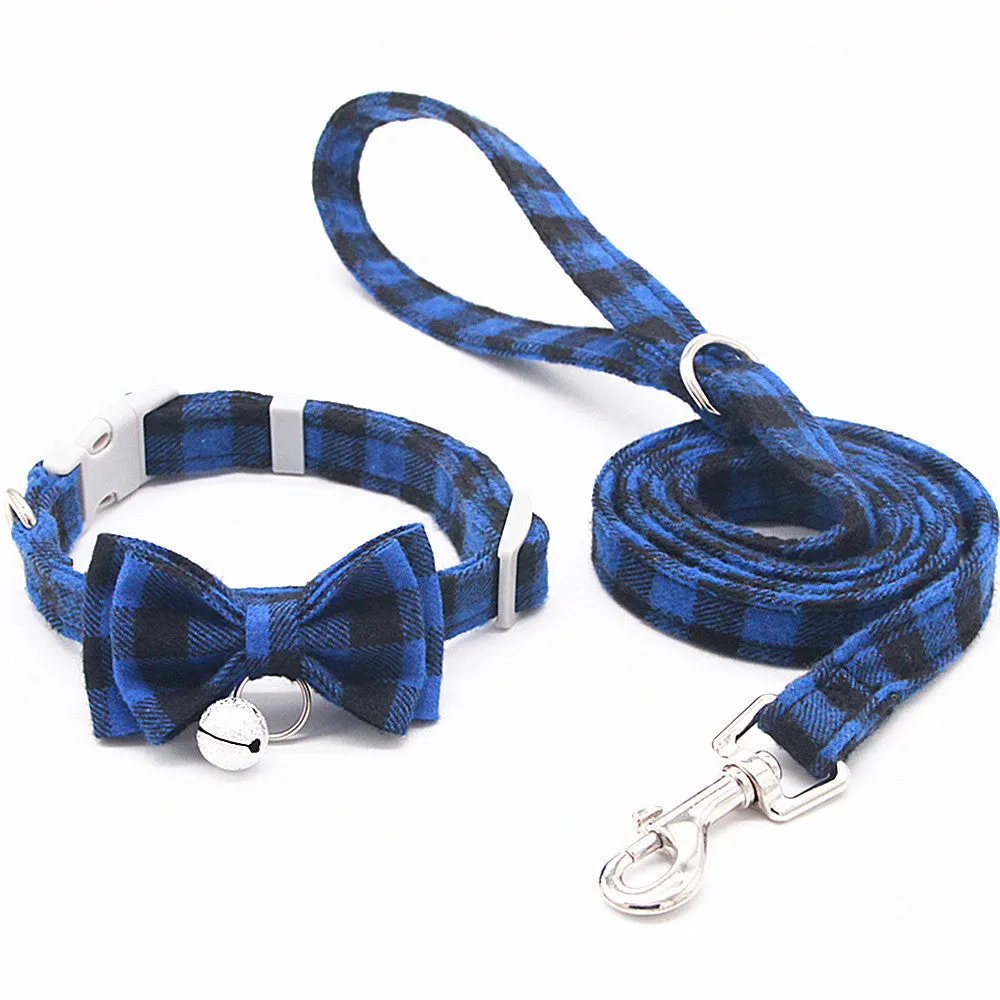 Plaid cotton cat bell collar with butterfly bow tie and hand-holding rope in blue and green colours